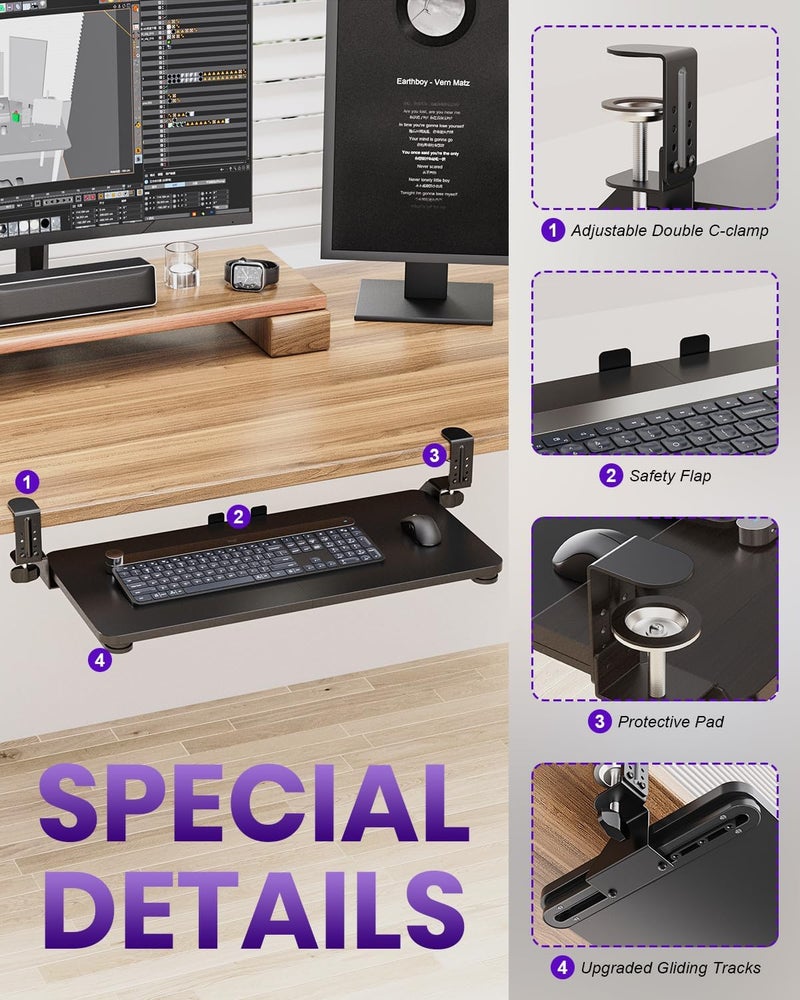 Zontera Store Ergonomic Keyboard Tray Under Desk, Pull Out with Adjustable C-clamp, 25.6 (31.5 Including Clamps) x 11.8 Inch Slide Out Computer Keyboard Drawer Mouse Tray for Typing, Large & Black - Image 3